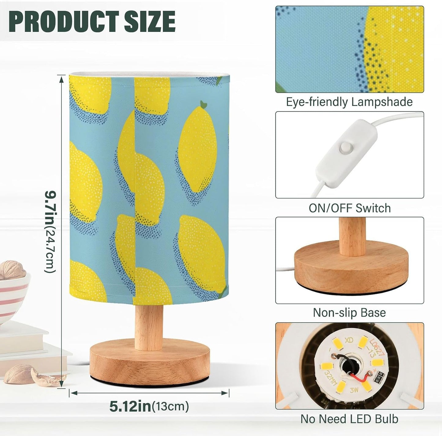 Bedside Table Lamp Lemon Yellow Citrus Fruits (95) Kids Nightstand Lamp Night Light Fabric Shade for Bedroom Living Room Home Office