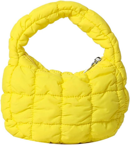 Mini Puffy Quilted Handbag Soft Puffer Tote Bag for Women Cute Wrist Bubble Bag Lightweight Nylon Clutch Purse