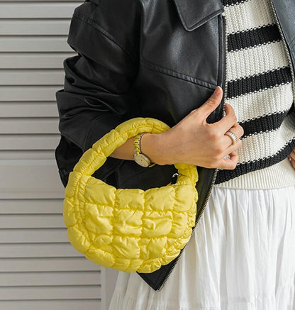Mini Puffy Quilted Handbag Soft Puffer Tote Bag for Women Cute Wrist Bubble Bag Lightweight Nylon Clutch Purse