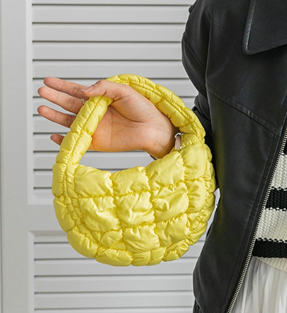 Mini Puffy Quilted Handbag Soft Puffer Tote Bag for Women Cute Wrist Bubble Bag Lightweight Nylon Clutch Purse