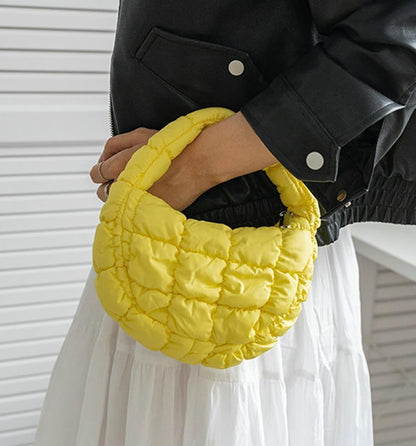 Mini Puffy Quilted Handbag Soft Puffer Tote Bag for Women Cute Wrist Bubble Bag Lightweight Nylon Clutch Purse