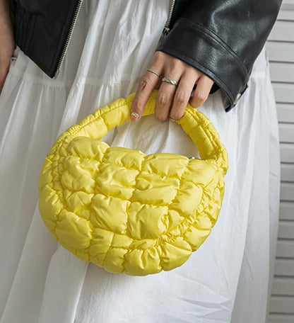 Mini Puffy Quilted Handbag Soft Puffer Tote Bag for Women Cute Wrist Bubble Bag Lightweight Nylon Clutch Purse