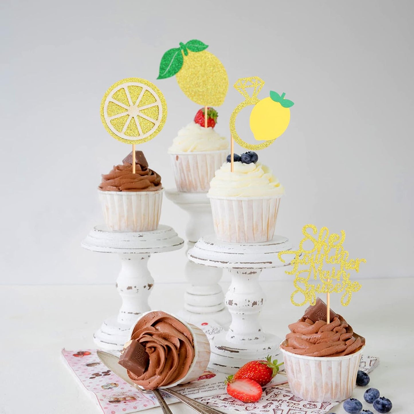 24Pcs Lemon Cupcake Toppers She found her Main Squeeze Cupcake Picks for Fruit Lemon Bridal Shower Engagament Proposal Party Wedding Cupcake Cake Decorations