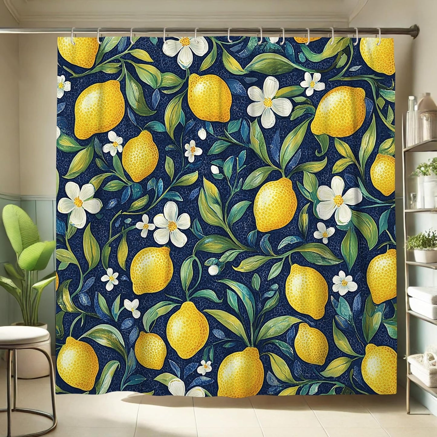 Lemon Shower Curtain, Vibrant Yellow Citrus Bath Curtain for Bathroom Decor, Summer Tropical Modern Waterproof Fabric Shower Curtain Set with Hooks 62x72 Inch
