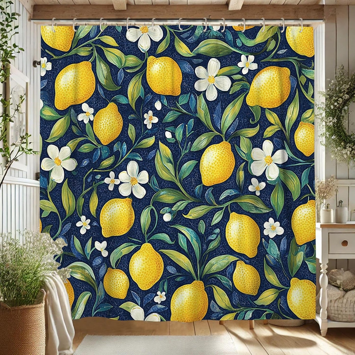 Lemon Shower Curtain, Vibrant Yellow Citrus Bath Curtain for Bathroom Decor, Summer Tropical Modern Waterproof Fabric Shower Curtain Set with Hooks 62x72 Inch