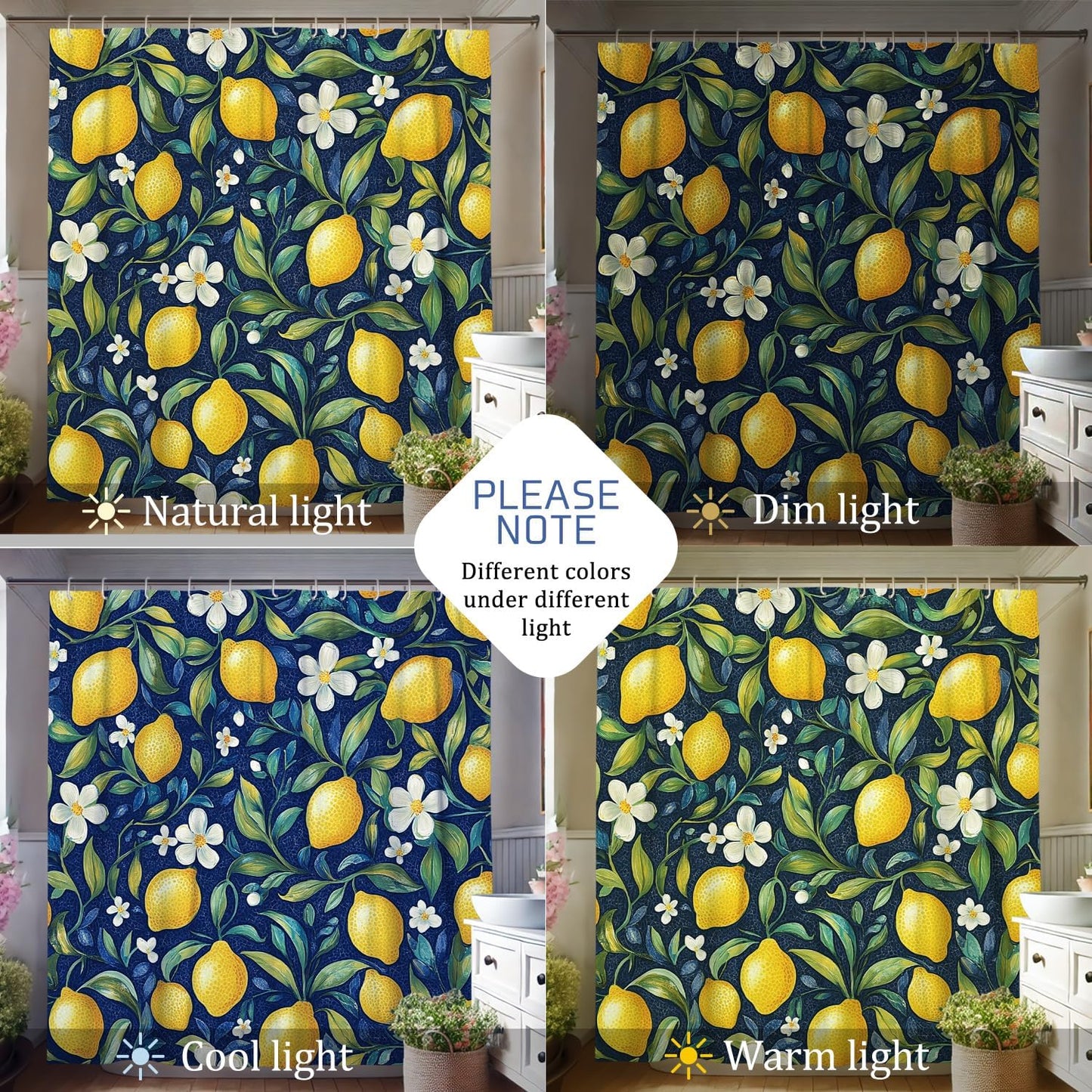 Lemon Shower Curtain, Vibrant Yellow Citrus Bath Curtain for Bathroom Decor, Summer Tropical Modern Waterproof Fabric Shower Curtain Set with Hooks 62x72 Inch