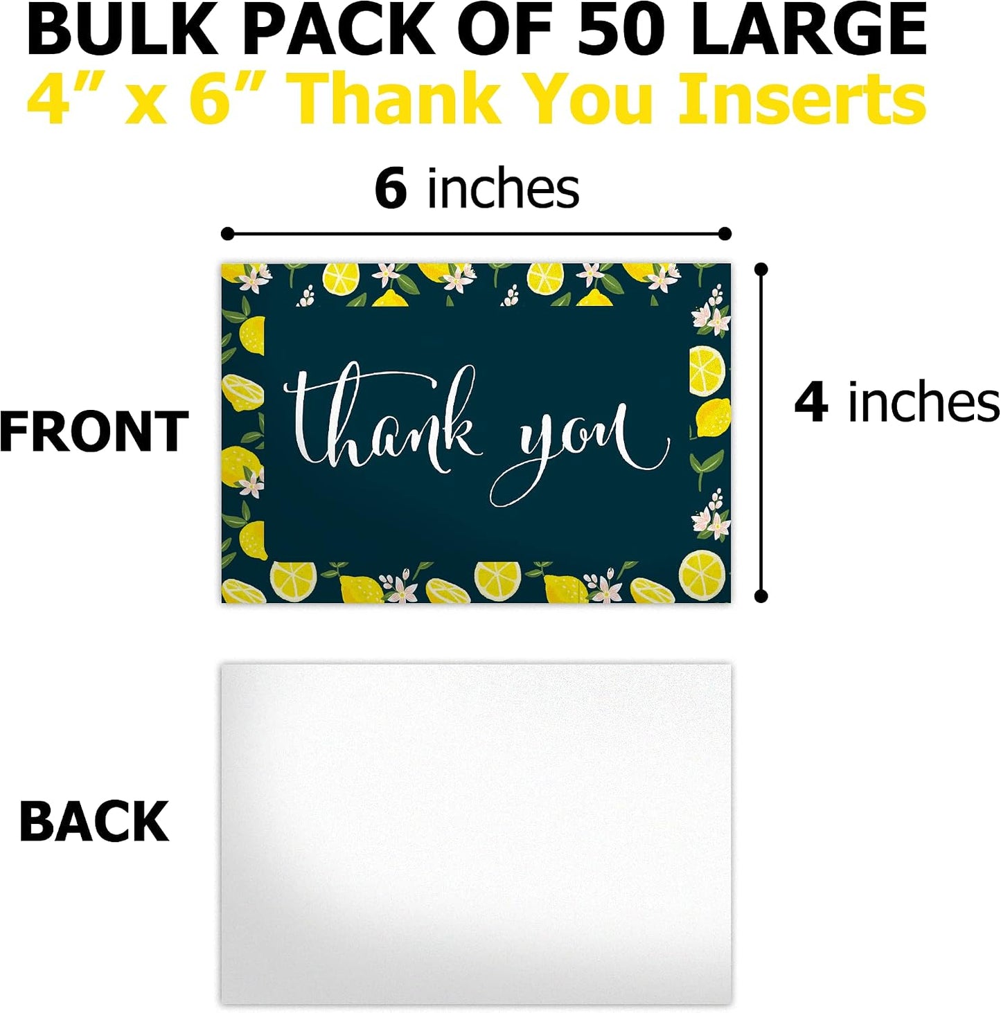 (50 Count of Large 4x6 Lemons Thank You Insert Cards Without Envelopes For Your Small Online Business - Displays Customer Appreciation - Great For Baby Showers and Weddings