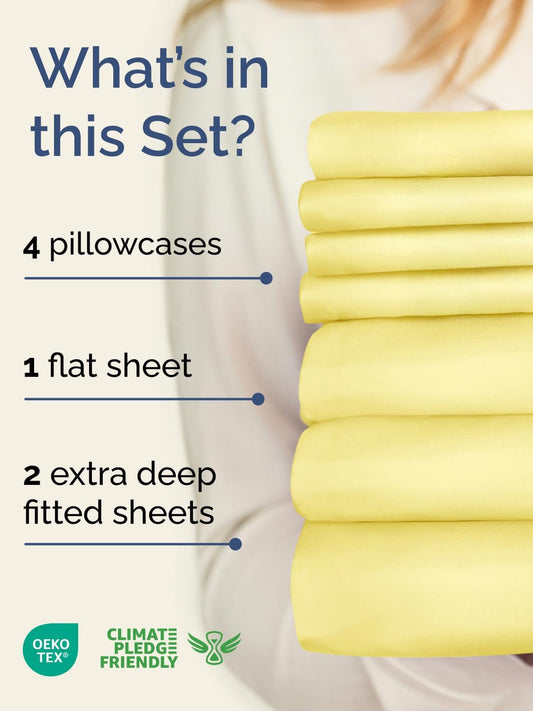 Extra Deep Split King Sheet Set - 7 Piece Breathable and Cooling Sheets - Hotel Luxury Bedding for Women, Men, Kids & Teens - Easy & Secure Fit - Soft and Wrinkle Free - Extra Deep Pockets - Yellow