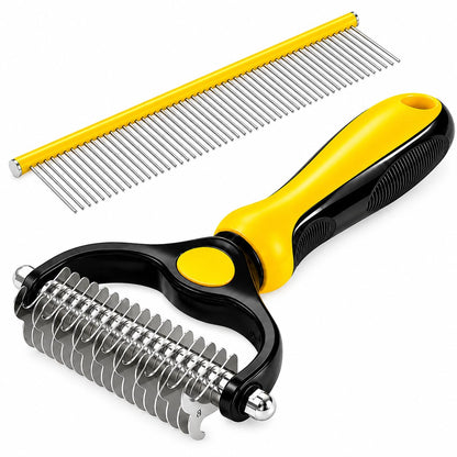 Dog Dematting Comb & Undercoat Rake Set for Dogs & Cats, 2-in-1 Double Sided Deshedding Brush, 17+9 Stainless Steel Teeth, Removes Mats, Tangles & Loose Undercoat, for Long Thick Coats, Yellow
