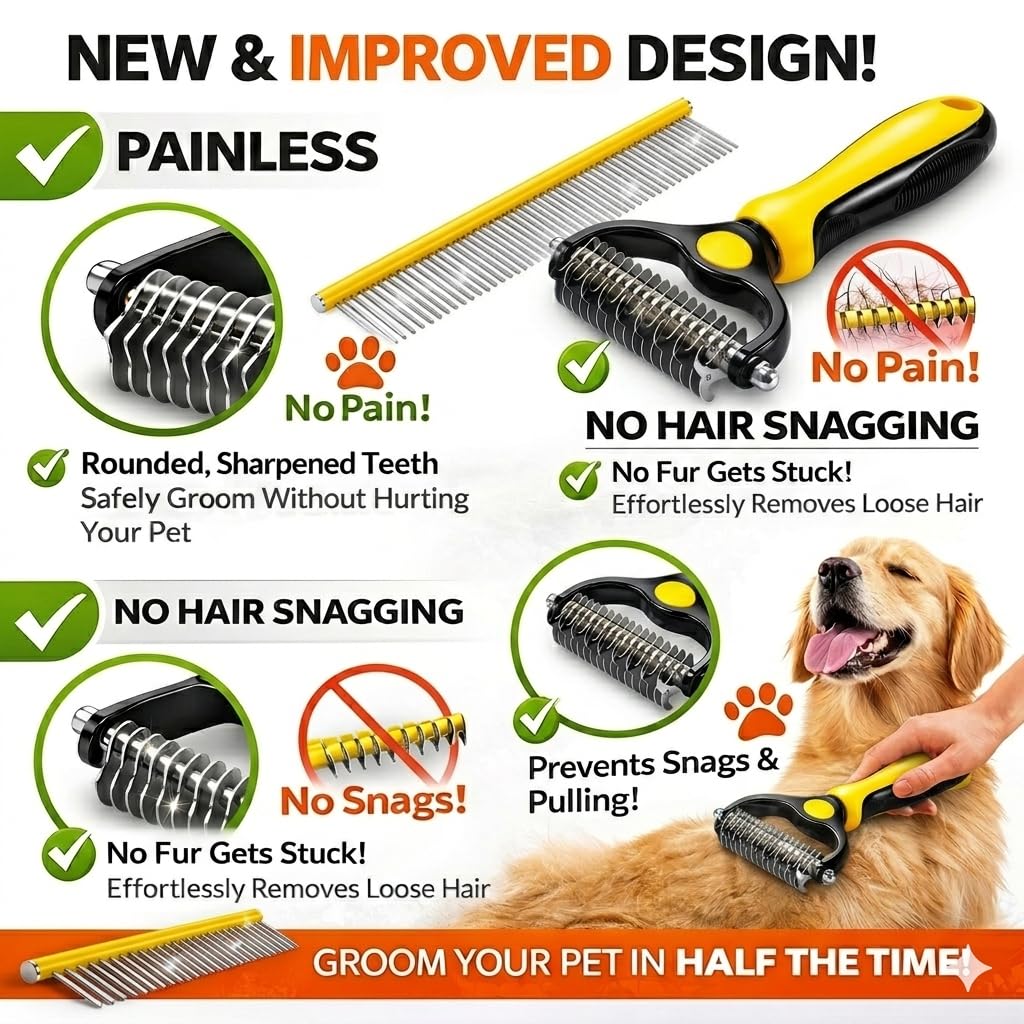 Dog Dematting Comb & Undercoat Rake Set for Dogs & Cats, 2-in-1 Double Sided Deshedding Brush, 17+9 Stainless Steel Teeth, Removes Mats, Tangles & Loose Undercoat, for Long Thick Coats, Yellow