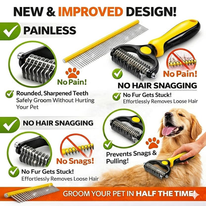 Dog Dematting Comb & Undercoat Rake Set for Dogs & Cats, 2-in-1 Double Sided Deshedding Brush, 17+9 Stainless Steel Teeth, Removes Mats, Tangles & Loose Undercoat, for Long Thick Coats, Yellow