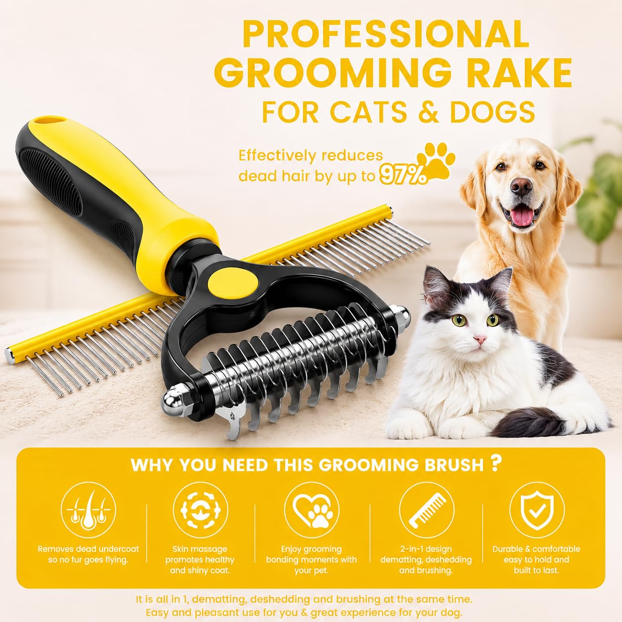 Dog Dematting Comb & Undercoat Rake Set for Dogs & Cats, 2-in-1 Double Sided Deshedding Brush, 17+9 Stainless Steel Teeth, Removes Mats, Tangles & Loose Undercoat, for Long Thick Coats, Yellow