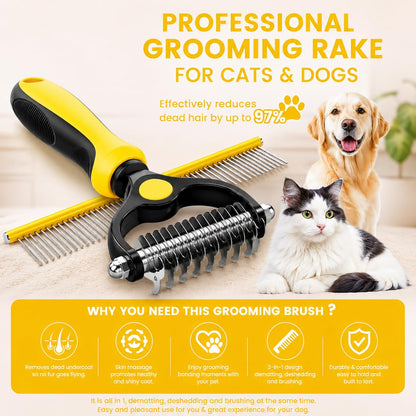 Dog Dematting Comb & Undercoat Rake Set for Dogs & Cats, 2-in-1 Double Sided Deshedding Brush, 17+9 Stainless Steel Teeth, Removes Mats, Tangles & Loose Undercoat, for Long Thick Coats, Yellow