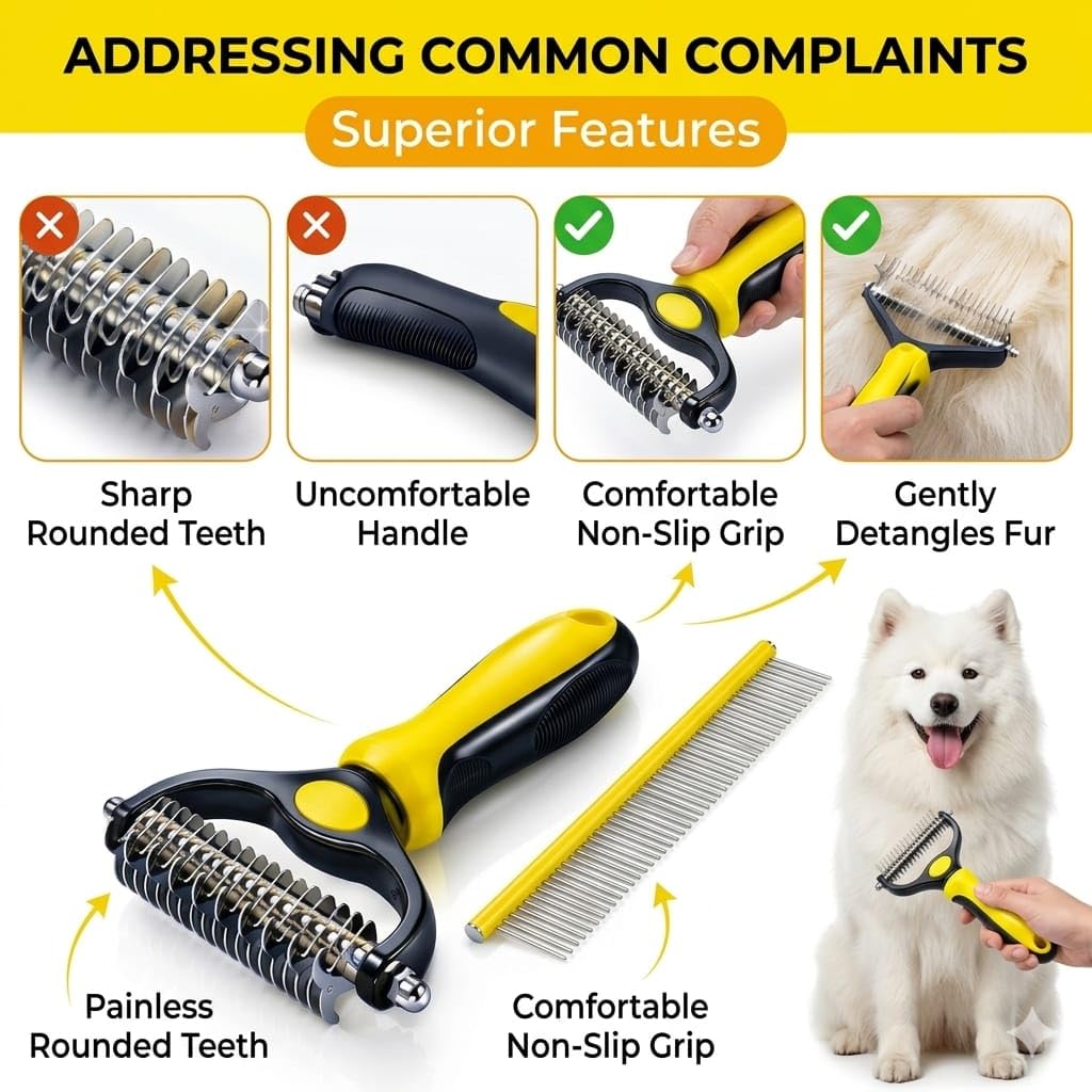 Dog Dematting Comb & Undercoat Rake Set for Dogs & Cats, 2-in-1 Double Sided Deshedding Brush, 17+9 Stainless Steel Teeth, Removes Mats, Tangles & Loose Undercoat, for Long Thick Coats, Yellow