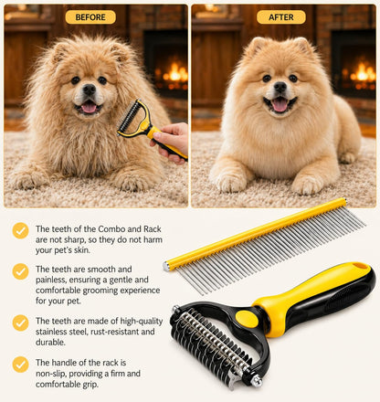 Dog Dematting Comb & Undercoat Rake Set for Dogs & Cats, 2-in-1 Double Sided Deshedding Brush, 17+9 Stainless Steel Teeth, Removes Mats, Tangles & Loose Undercoat, for Long Thick Coats, Yellow