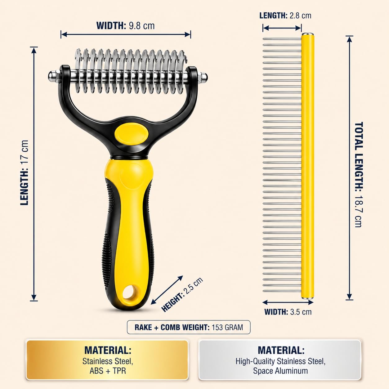 Dog Dematting Comb & Undercoat Rake Set for Dogs & Cats, 2-in-1 Double Sided Deshedding Brush, 17+9 Stainless Steel Teeth, Removes Mats, Tangles & Loose Undercoat, for Long Thick Coats, Yellow