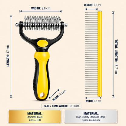 Dog Dematting Comb & Undercoat Rake Set for Dogs & Cats, 2-in-1 Double Sided Deshedding Brush, 17+9 Stainless Steel Teeth, Removes Mats, Tangles & Loose Undercoat, for Long Thick Coats, Yellow