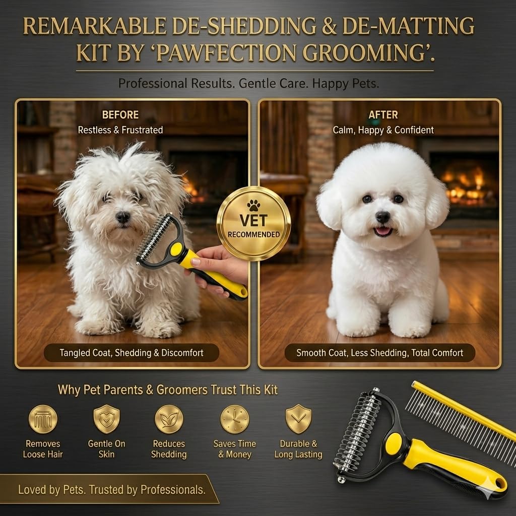 Dog Dematting Comb & Undercoat Rake Set for Dogs & Cats, 2-in-1 Double Sided Deshedding Brush, 17+9 Stainless Steel Teeth, Removes Mats, Tangles & Loose Undercoat, for Long Thick Coats, Yellow