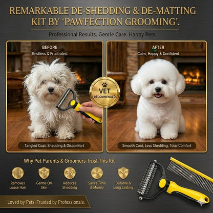 Dog Dematting Comb & Undercoat Rake Set for Dogs & Cats, 2-in-1 Double Sided Deshedding Brush, 17+9 Stainless Steel Teeth, Removes Mats, Tangles & Loose Undercoat, for Long Thick Coats, Yellow