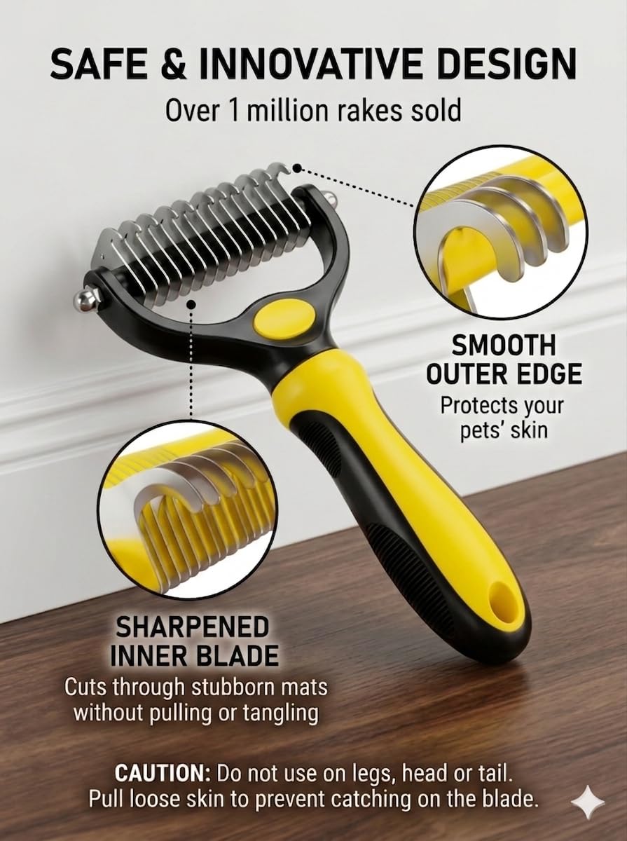 Dog Dematting Comb & Undercoat Rake Set for Dogs & Cats, 2-in-1 Double Sided Deshedding Brush, 17+9 Stainless Steel Teeth, Removes Mats, Tangles & Loose Undercoat, for Long Thick Coats, Yellow