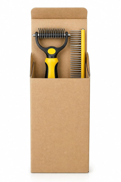 Dog Dematting Comb & Undercoat Rake Set for Dogs & Cats, 2-in-1 Double Sided Deshedding Brush, 17+9 Stainless Steel Teeth, Removes Mats, Tangles & Loose Undercoat, for Long Thick Coats, Yellow
