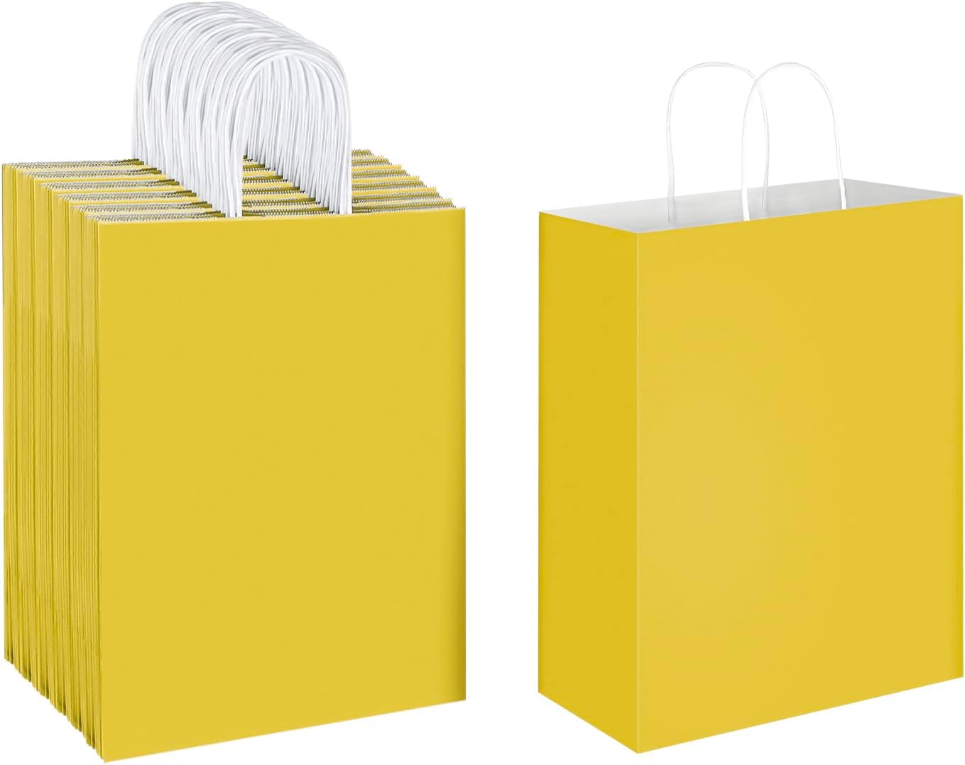 50 Pack 10x5x13 Yellow Kraft Paper Bags with Handles Bulk for Birthday Party Favors Grocery Retail Shopping Business Goody Recycled Craft Gift Bags (Large Size, 50 Count)