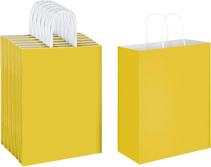 50 Pack 10x5x13 Yellow Kraft Paper Bags with Handles Bulk for Birthday Party Favors Grocery Retail Shopping Business Goody Recycled Craft Gift Bags (Large Size, 50 Count)
