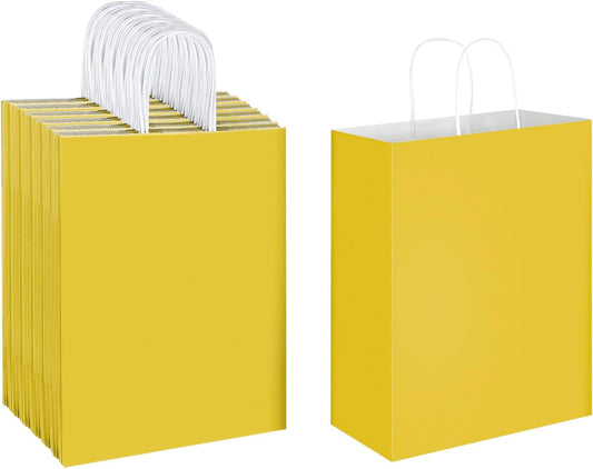 50 Pack 10x5x13 Yellow Kraft Paper Bags with Handles Bulk for Birthday Party Favors Grocery Retail Shopping Business Goody Recycled Craft Gift Bags (Large Size, 50 Count)