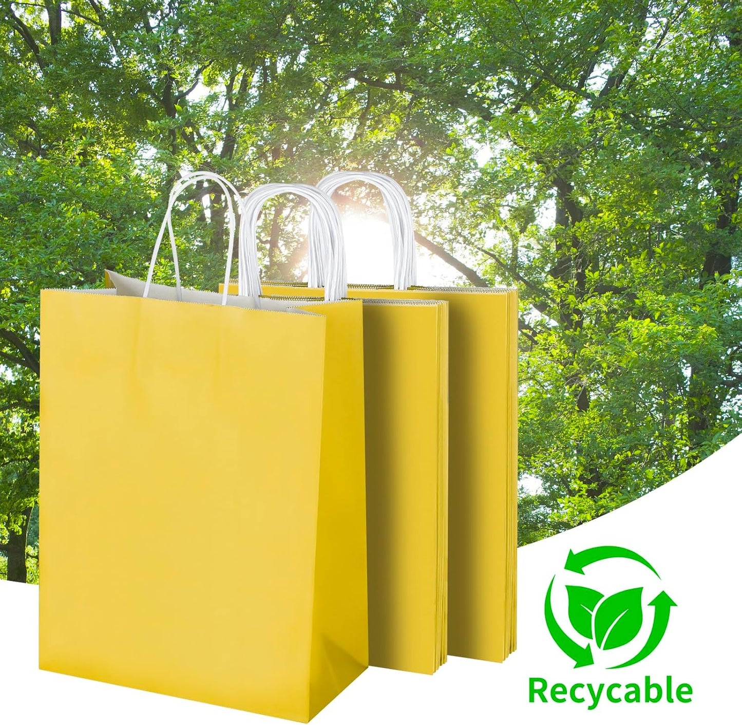 50 Pack 10x5x13 Yellow Kraft Paper Bags with Handles Bulk for Birthday Party Favors Grocery Retail Shopping Business Goody Recycled Craft Gift Bags (Large Size, 50 Count)