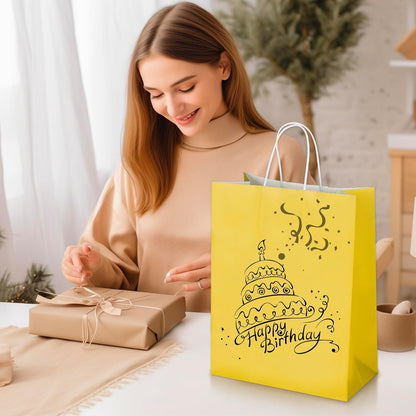 50 Pack 10x5x13 Yellow Kraft Paper Bags with Handles Bulk for Birthday Party Favors Grocery Retail Shopping Business Goody Recycled Craft Gift Bags (Large Size, 50 Count)