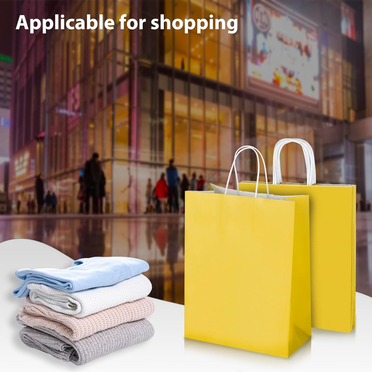 50 Pack 10x5x13 Yellow Kraft Paper Bags with Handles Bulk for Birthday Party Favors Grocery Retail Shopping Business Goody Recycled Craft Gift Bags (Large Size, 50 Count)