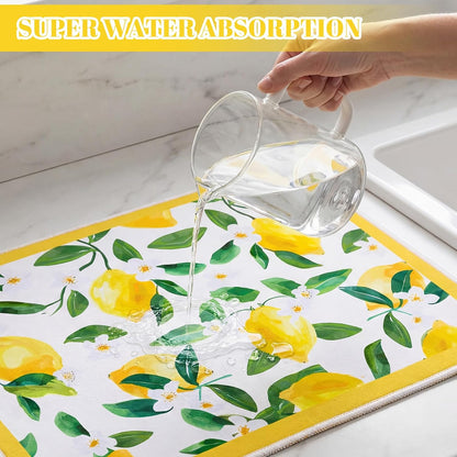 Lemon Dish Drying Mat 18" x 24" Summer Microfiber Drying Mats Extra Large Absorbent Reusable Kitchen Counter Draining Mat for Kitchen Coffee Bar Decor