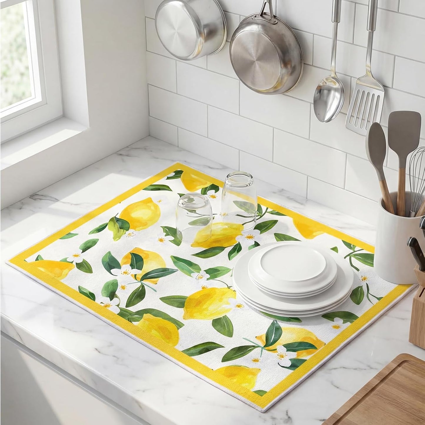 Lemon Dish Drying Mat 18" x 24" Summer Microfiber Drying Mats Extra Large Absorbent Reusable Kitchen Counter Draining Mat for Kitchen Coffee Bar Decor