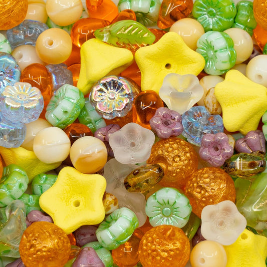 1.4oz (40g) Limited Mix of Czech Glass Beads, Hand Made Set Kit, Green Leaves Beads Yellow Petunia Orange