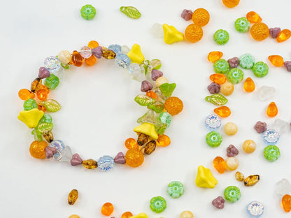 1.4oz (40g) Limited Mix of Czech Glass Beads, Hand Made Set Kit, Green Leaves Beads Yellow Petunia Orange