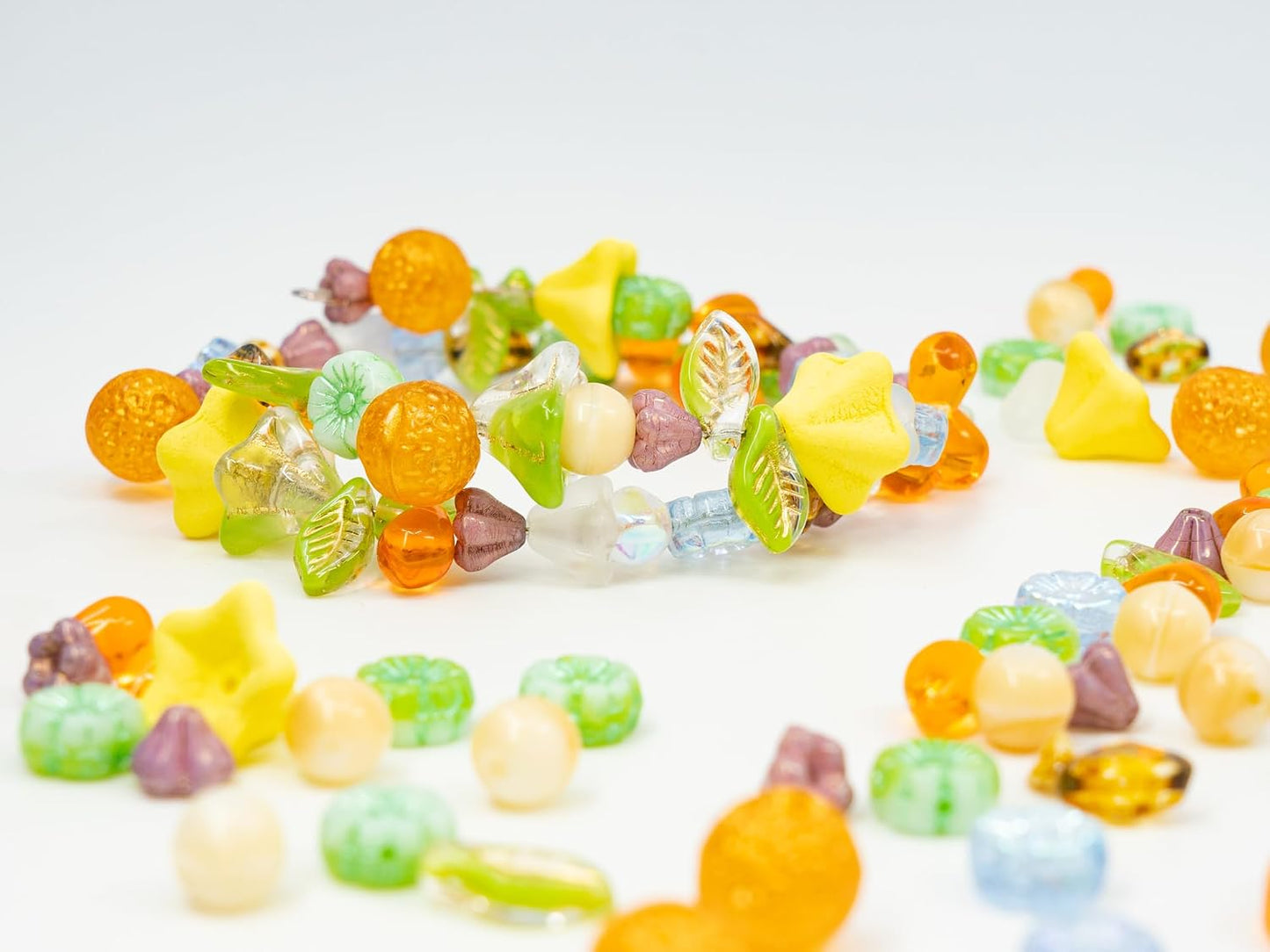 1.4oz (40g) Limited Mix of Czech Glass Beads, Hand Made Set Kit, Green Leaves Beads Yellow Petunia Orange