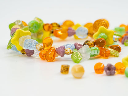 1.4oz (40g) Limited Mix of Czech Glass Beads, Hand Made Set Kit, Green Leaves Beads Yellow Petunia Orange