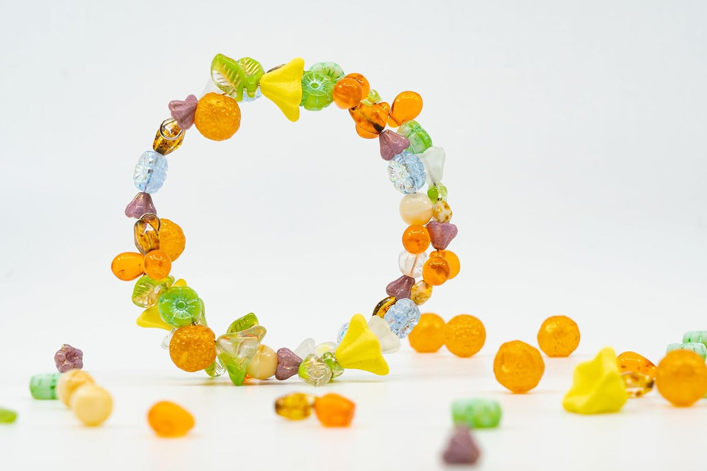 1.4oz (40g) Limited Mix of Czech Glass Beads, Hand Made Set Kit, Green Leaves Beads Yellow Petunia Orange