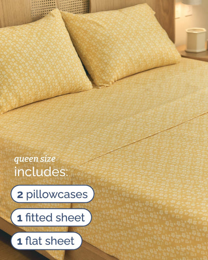 Floral Sheets - Yellow Floral Bed Sheet Set - 1 Flat, 1 Fitted & 2 Pillowcases w/ Deep Pockets - Comfy, Wrinkle & Fade Free - Boho Botanical Bedding - Ultra-Soft, Breathable & Cooling - Queen Size Set