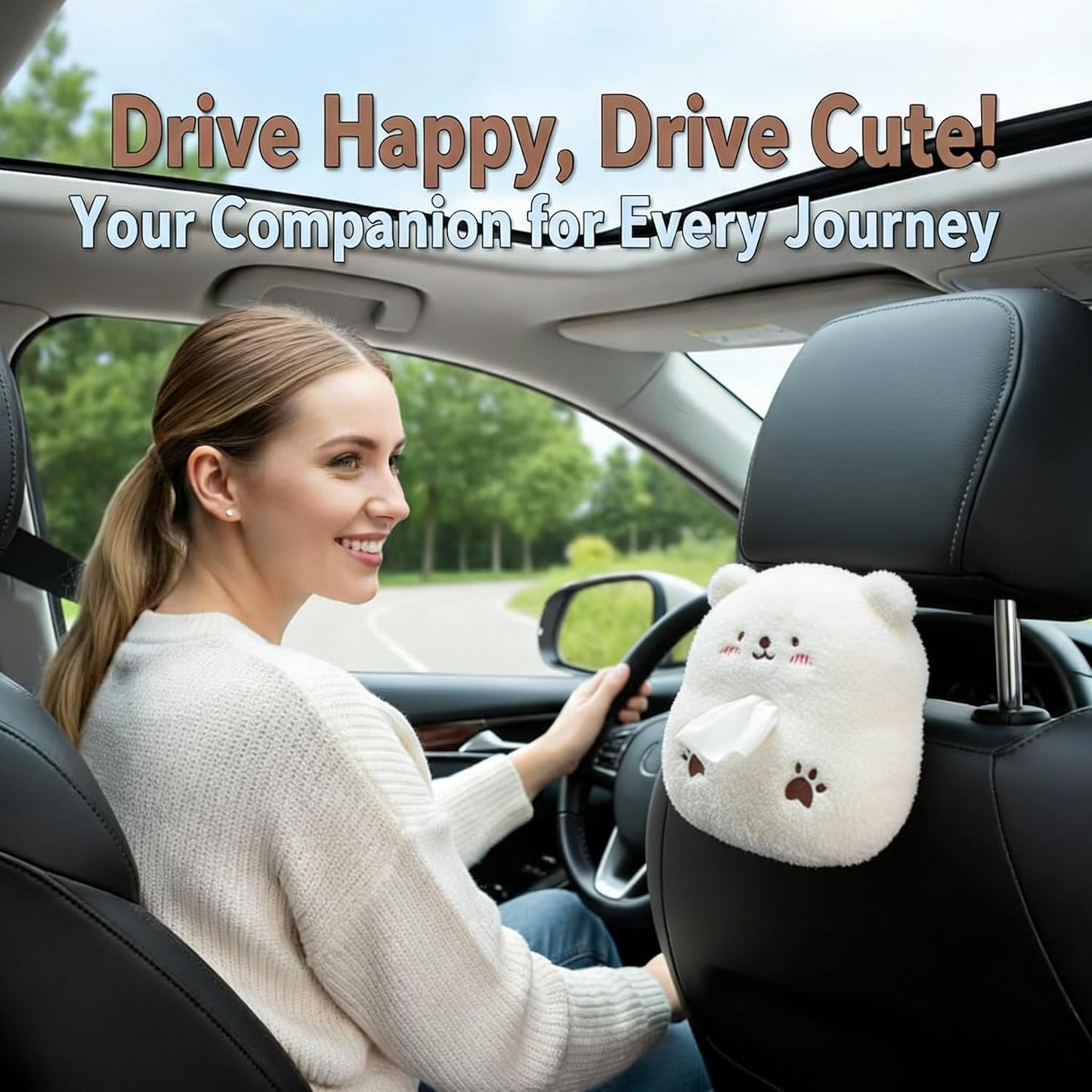 Cute Chick Car Tissue Holder Plush Yellow Duck Vehicle Napkin Dispenser Soft Cartoon Animal Backseat Tissue Box for Auto Interior (Bear)