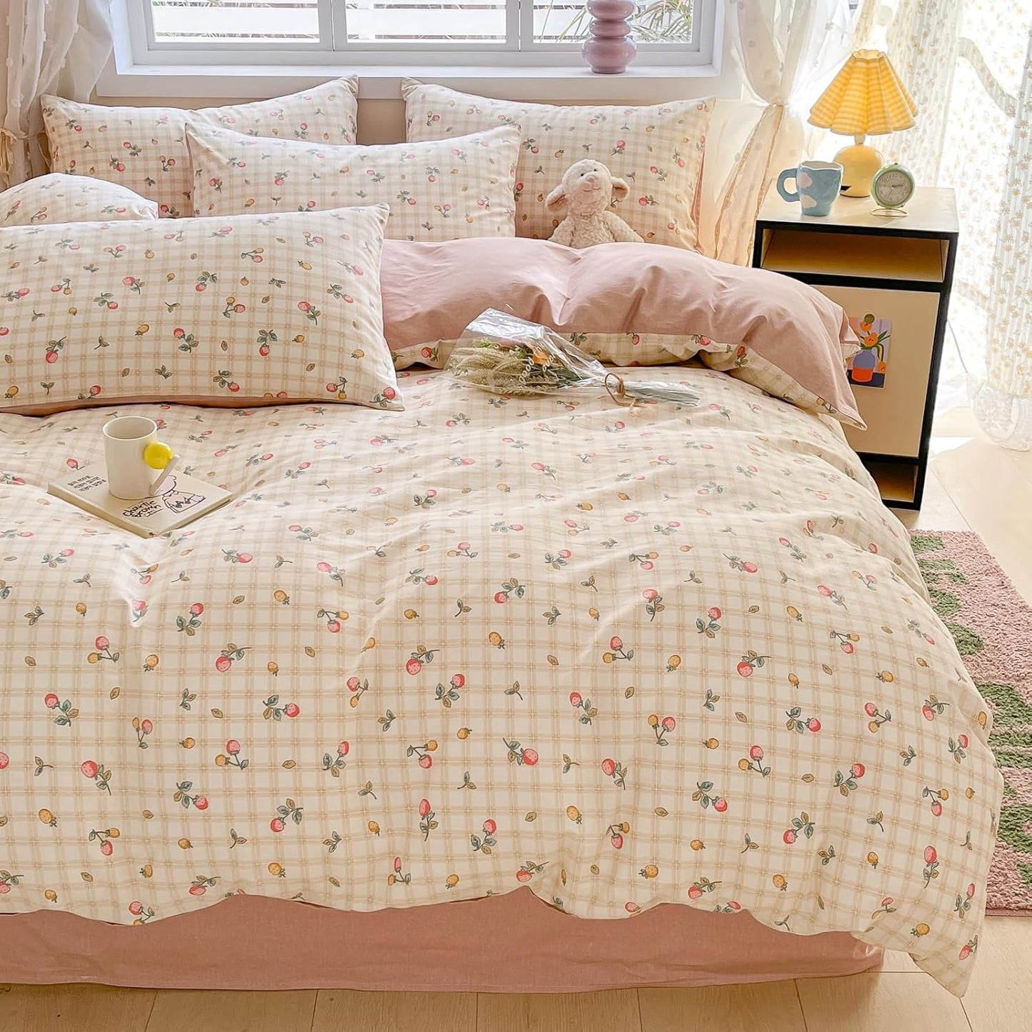 Strawberry Duvet Cover Set Twin 100% Cotton Bedding Red Yellow Fruit Floral Flower on Cream White 1 Plaid Grid Comforter Cover Zipper Closure 2 Pillowcases for Kids Girls Boys