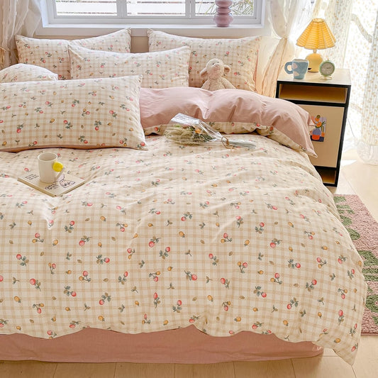 Strawberry Duvet Cover Set Twin 100% Cotton Bedding Red Yellow Fruit Floral Flower on Cream White 1 Plaid Grid Comforter Cover Zipper Closure 2 Pillowcases for Kids Girls Boys