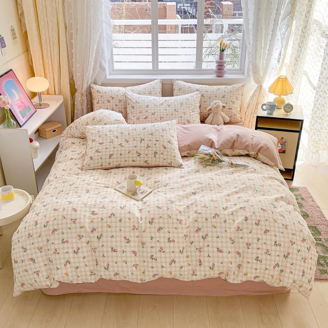 Strawberry Duvet Cover Set Twin 100% Cotton Bedding Red Yellow Fruit Floral Flower on Cream White 1 Plaid Grid Comforter Cover Zipper Closure 2 Pillowcases for Kids Girls Boys