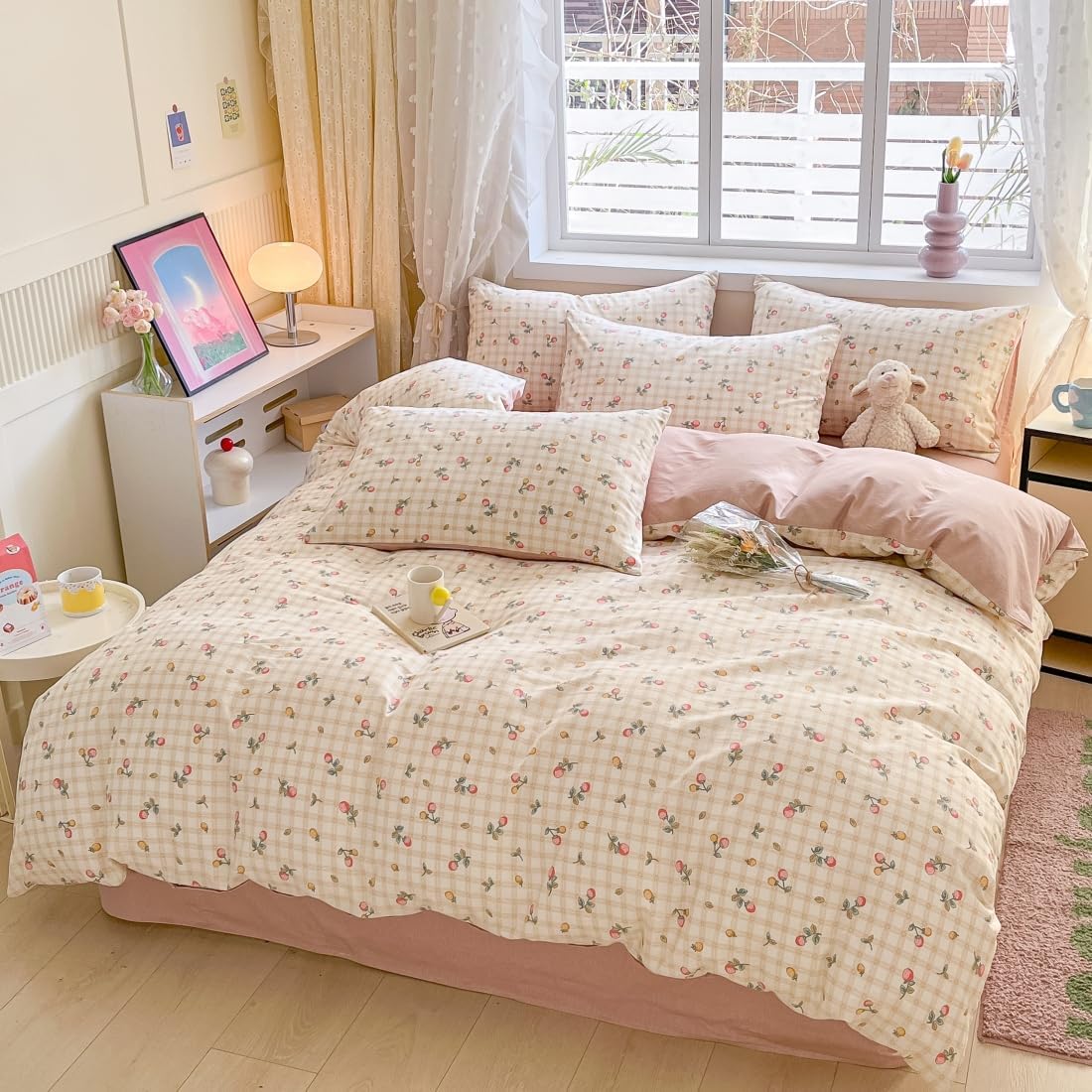 Strawberry Duvet Cover Set Twin 100% Cotton Bedding Red Yellow Fruit Floral Flower on Cream White 1 Plaid Grid Comforter Cover Zipper Closure 2 Pillowcases for Kids Girls Boys