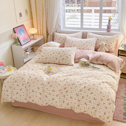 Strawberry Duvet Cover Set Twin 100% Cotton Bedding Red Yellow Fruit Floral Flower on Cream White 1 Plaid Grid Comforter Cover Zipper Closure 2 Pillowcases for Kids Girls Boys