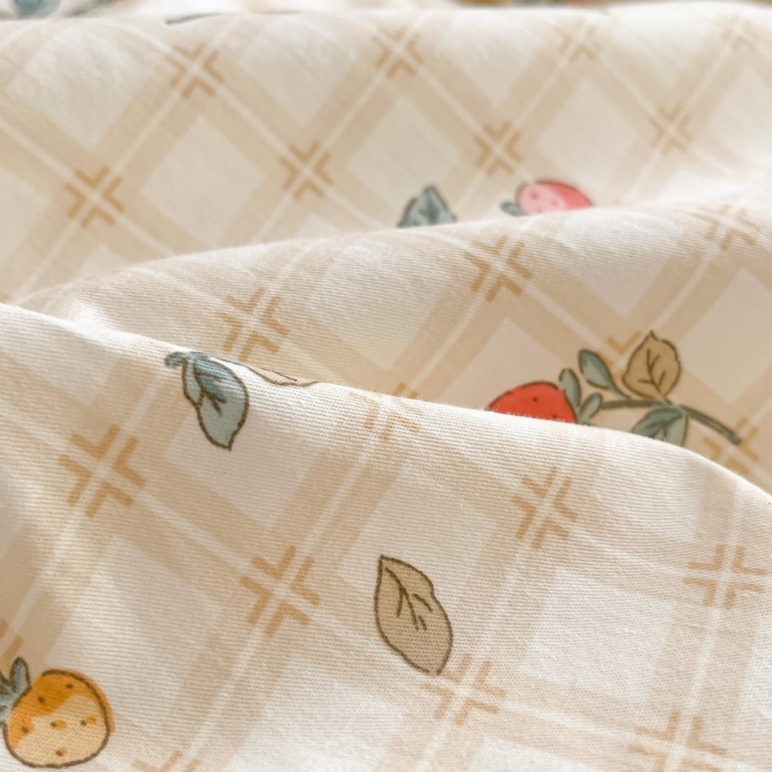Strawberry Duvet Cover Set Twin 100% Cotton Bedding Red Yellow Fruit Floral Flower on Cream White 1 Plaid Grid Comforter Cover Zipper Closure 2 Pillowcases for Kids Girls Boys
