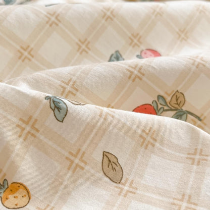 Strawberry Duvet Cover Set Twin 100% Cotton Bedding Red Yellow Fruit Floral Flower on Cream White 1 Plaid Grid Comforter Cover Zipper Closure 2 Pillowcases for Kids Girls Boys