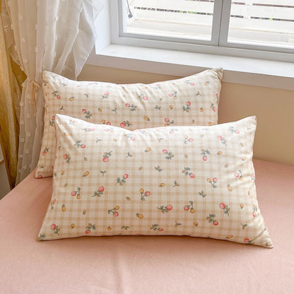 Strawberry Duvet Cover Set Twin 100% Cotton Bedding Red Yellow Fruit Floral Flower on Cream White 1 Plaid Grid Comforter Cover Zipper Closure 2 Pillowcases for Kids Girls Boys