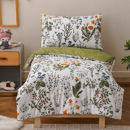 4Pieces Green White Floral Toddler Bedding Sets for Girls's Room | Boho Comforter Sets, Green Yellow Leaves Pattern on White, Soft Crib Bed Set