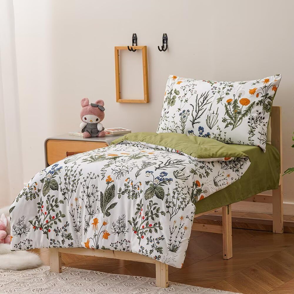 4Pieces Green White Floral Toddler Bedding Sets for Girls's Room | Boho Comforter Sets, Green Yellow Leaves Pattern on White, Soft Crib Bed Set